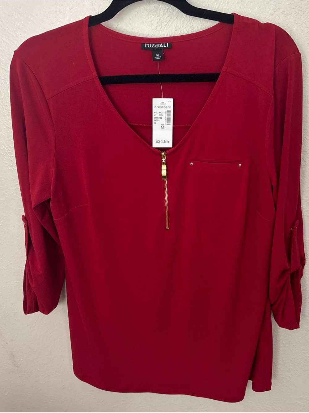 dressbarn  Roz & Ali Red V-Neck Top with Gold Zip Detail